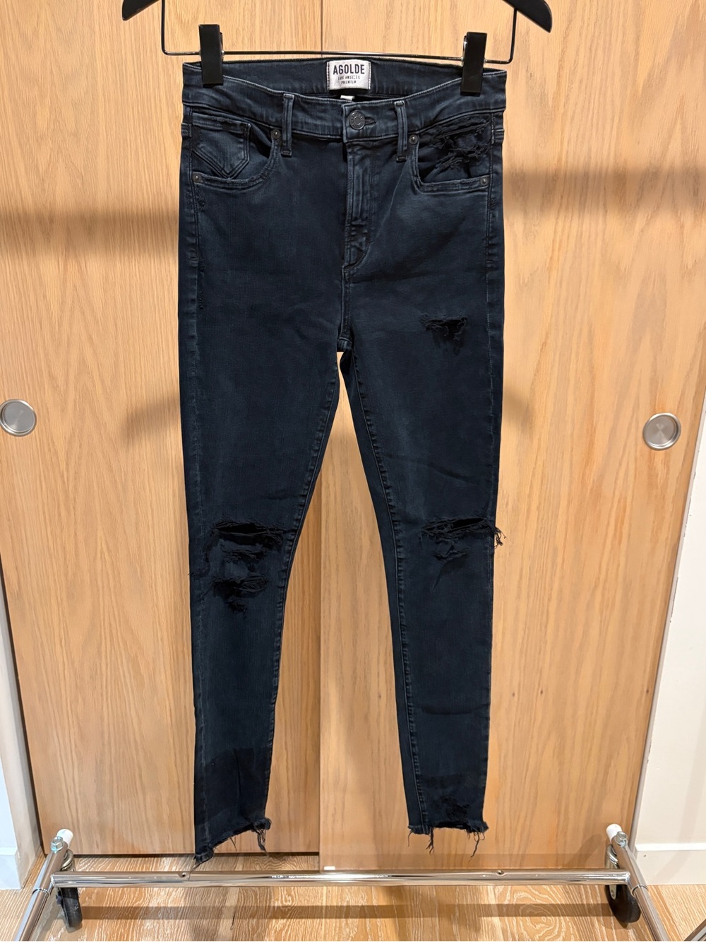 New Agolde Dark Denim Distressed High-Rise Skinny Stretch Jeans Sz 27